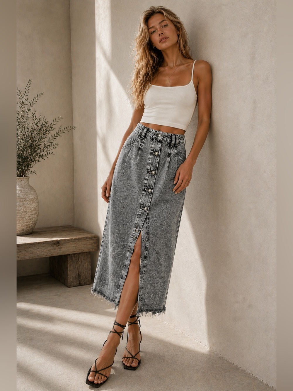 Free people Sidney denim midi skirt size 27 acid wash grey tone button closure